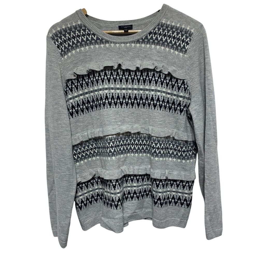 Talbots Sweater Womens XL Petite Gray Wool Long Sleeve Ruffle Pullover Soft